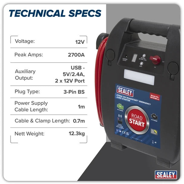 Sealey RS103B RoadStart® 12V Emergency Jump Starter 2700 Peak Amps