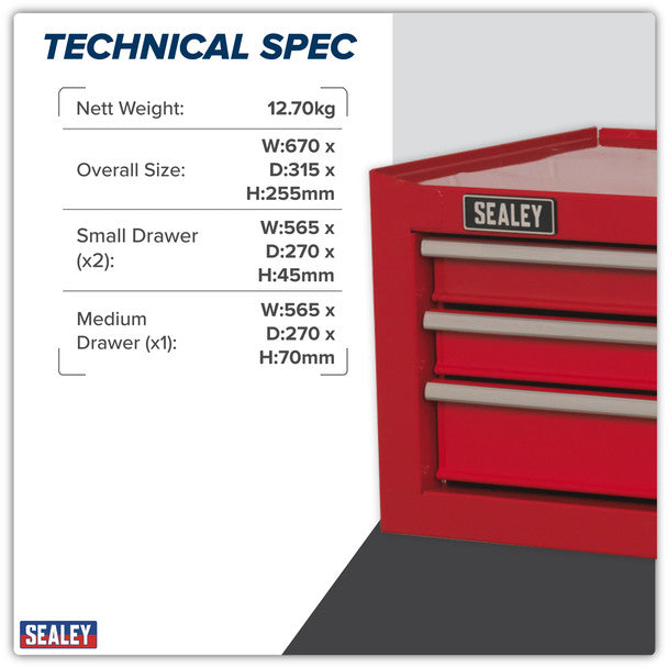 Sealey AP223 American PRO® Mid-Box Tool Chest 3 Drawer - Red
