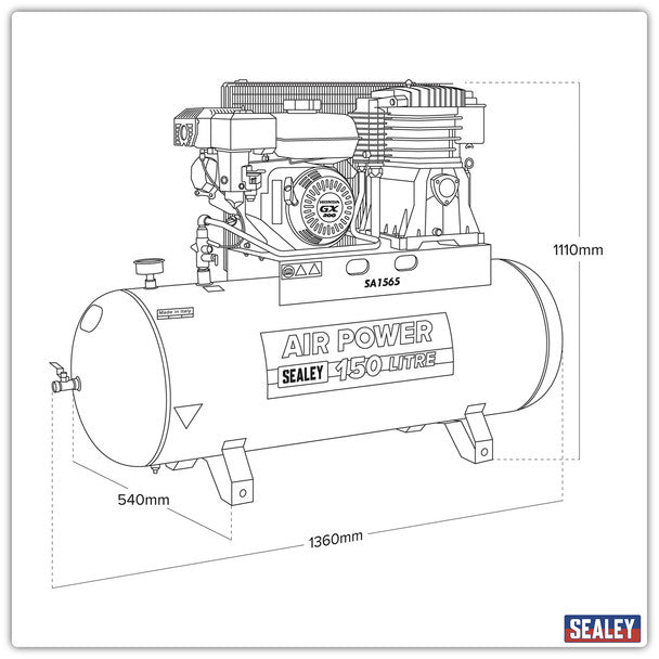 Sealey SA1565 150L Belt Drive Air Compressor with Petrol Engine 6.5hp