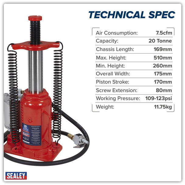 Sealey YAJ18S Air Operated Bottle Jack 20 Tonne