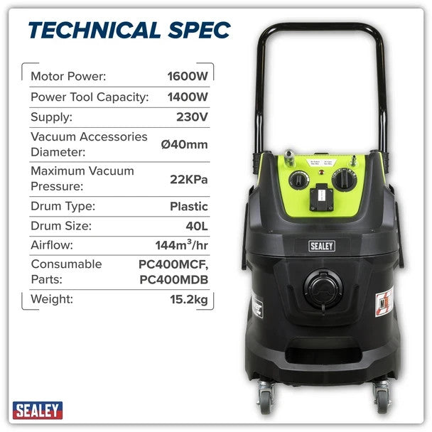 Sealey PC400MA M Class Dust-Free Industrial Wet & Dry Vacuum Cleaner 40L