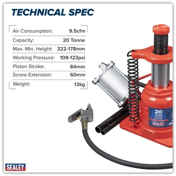 Sealey YAJ20SLE Low Profile Air Operated Hydraulic Bottle Jack 20 Tonne