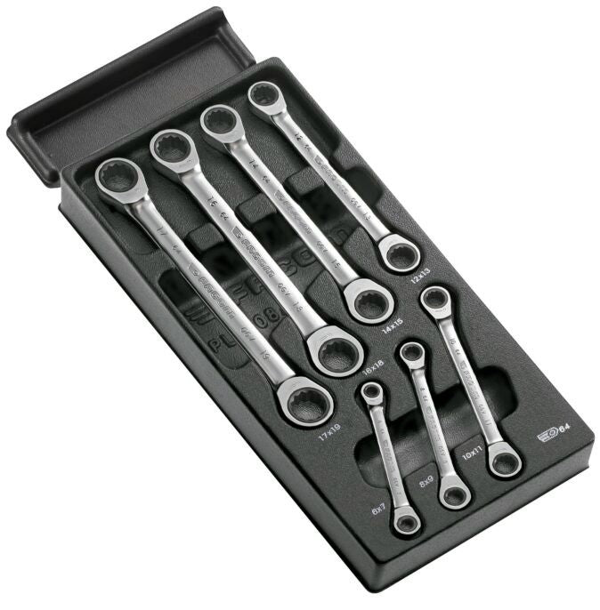 Facom MOD.64J7 7 Piece Metric Flat Ratcheting Ring Spanner Wrench Set In Module