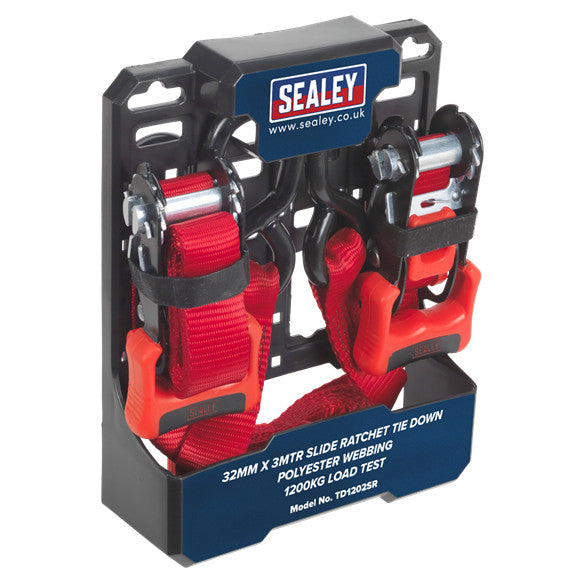 Sealey TD1202SR Slide Ratchet Strap Polyester Webbing with S-Hooks 32mm x 3m