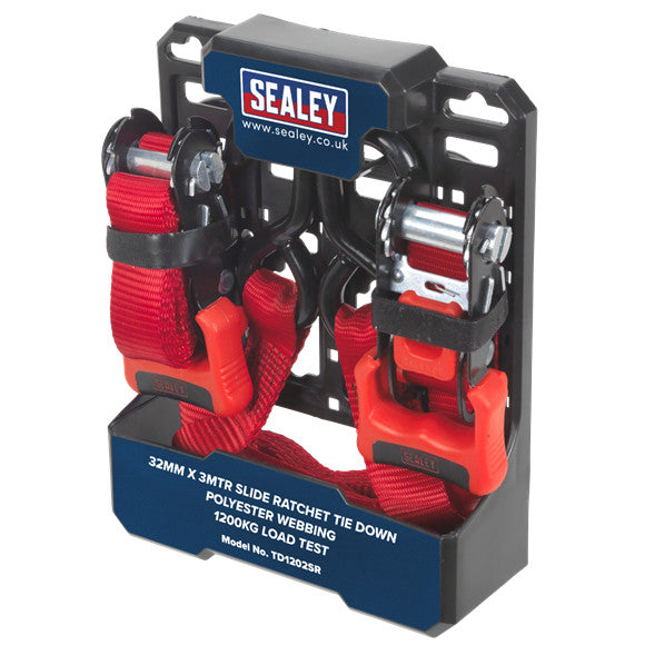 Sealey TD1202SR Slide Ratchet Strap Polyester Webbing with S-Hooks 32mm x 3m