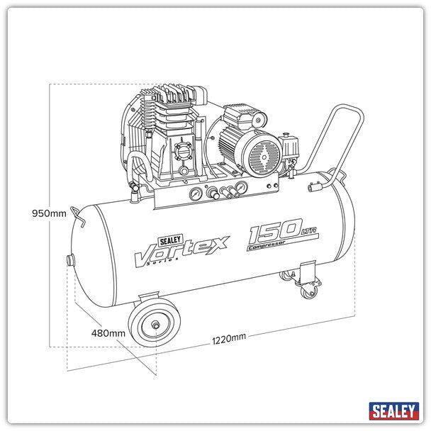 Sealey SAC1153B 150L Belt Drive Air Compressor with Cast Cylinders &Wheels 3.5hp