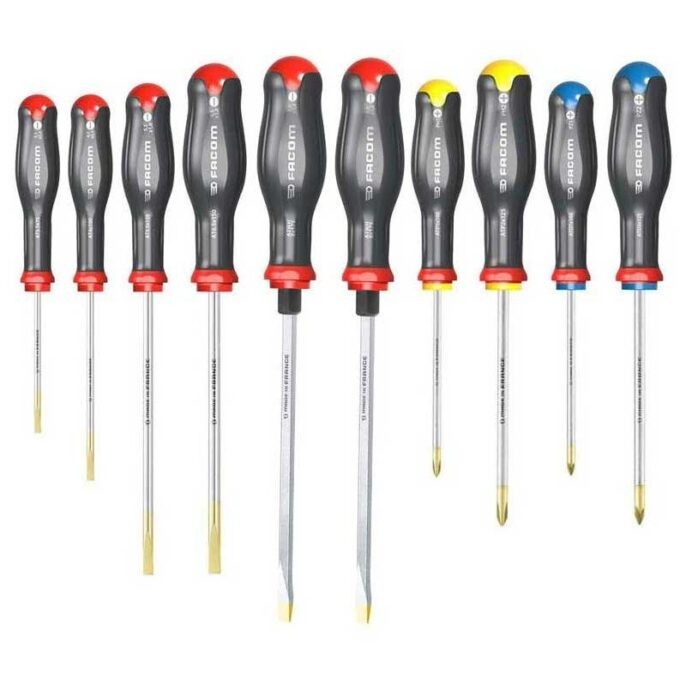 Facom AT.J10 Protwist 10 Piece Slotted, Phillips and Pozi Screwdriver Set