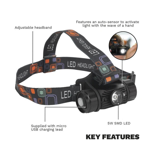 Sealey HT108LED Rechargeable Head Torch with Auto-Sensor 5W SMD LED